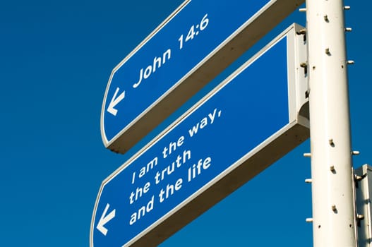 A roadsign giving directions to follow Jesus.