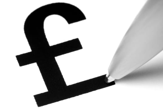 Sterling pound symbol with tip of pen, on white.