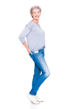 Studio recording of an active and happy senior against a white background