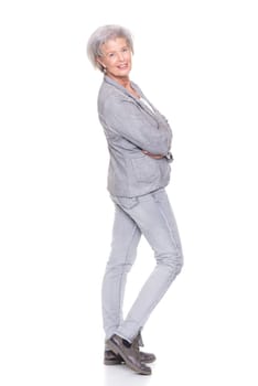 Studio recording of a smiling senior woman against a white background