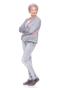 Studio recording of a smiling senior woman against a white background