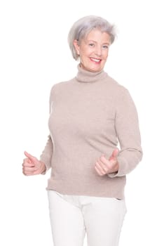 Studio recording of an active and happy senior against a white background