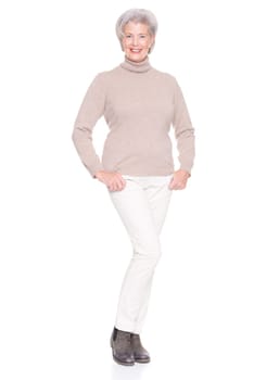 Studio recording of an active and happy senior against a white background