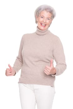 Studio recording of an active and happy senior against a white background