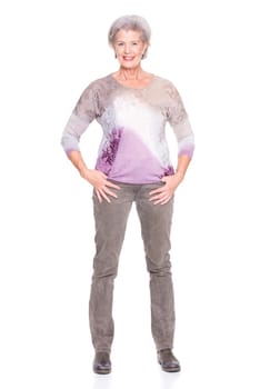 Studio recording of an elderly woman against a white background