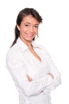 Studio shot of a woman wearing a middle-aged white blouse against a white background