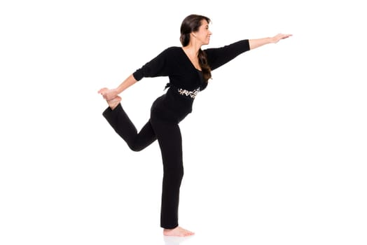 Studio recording of a middle-aged woman playing sports against a white background