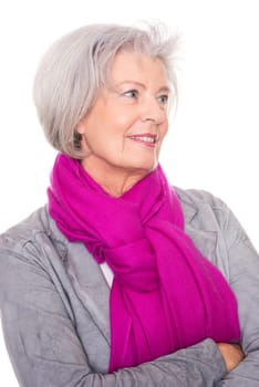 Studio recording of a smiling senior woman against a white background