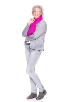 Studio recording of a smiling senior woman against a white background
