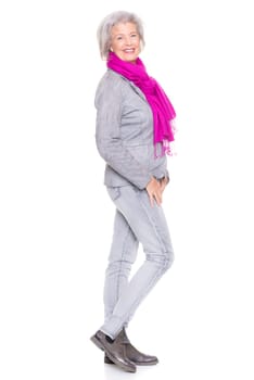 Studio recording of a smiling senior woman against a white background