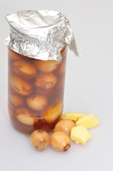 jar of home made pickled onions and cheese