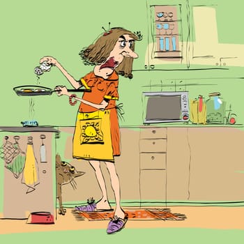 Angry woman cooking in the kitchen. A pet cat in the kitchen. Home life
