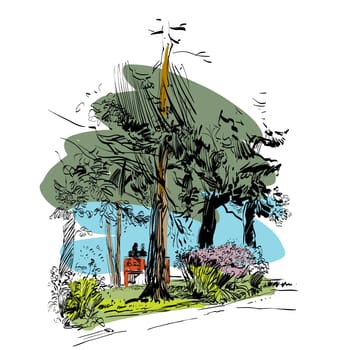 Green Park and place for a date. Color vector illustration of a green city Park. A forest and a bench with a pair of lovers