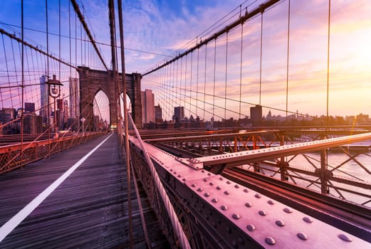New York City, USA, early in the morning on the famous Brooklyn Bridge