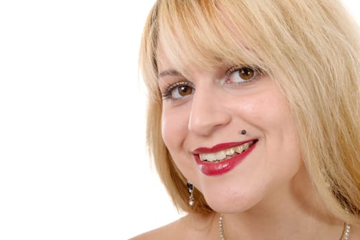portrait of pretty woman with long straight blond hair.on white
