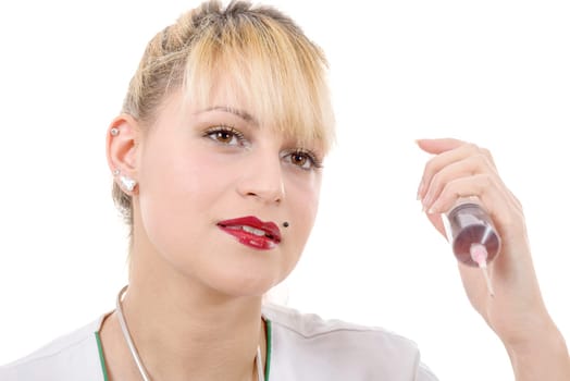 an happy smiling young female doctor with syringe , on white