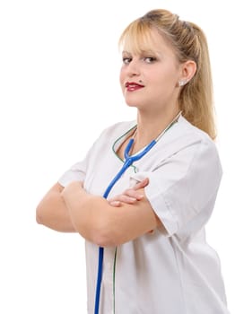 Close-up of female doctor smiling isolated on white background