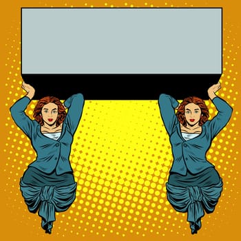 Businesswoman holding the caryatids balcony or a billboard pop art retro style. Ancient Greek myth. Vector illustration of strong women
