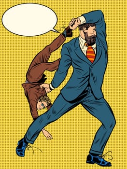 Giant businessman throws competitor pop art retro style. Big and small business. Unfair competition. Large and small businesses