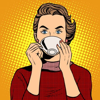 Girl drinking coffee pop art retro style. A hot beverage. Coffee or tea