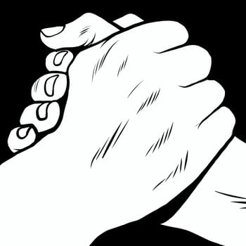 The handshake of solidarity hands pop art retro style. Armwrestling