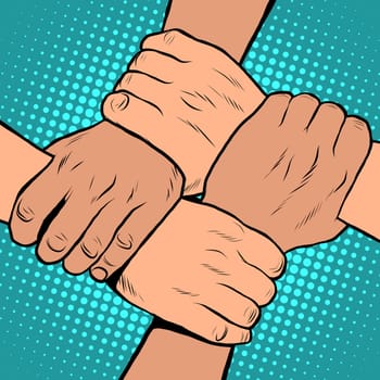 White black solidarity handshake stop racism pop art retro style. The policy of tolerance. Friendship between peoples. Day against racial segregation and discrimination