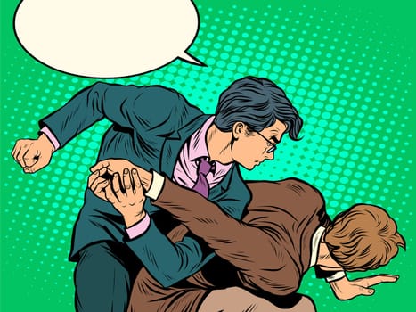 Men businessmen fighting pop art retro style. The classic struggle image of wrestling in the business today.