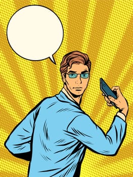 businessman Narcissus retro pop art pop art retro style. The man on the phone. Ancient Greek God