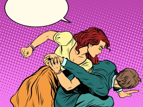 Woman beats man in fight pop art retro style. Woman hits a man. Self defence women. Competition. The war of the sexes