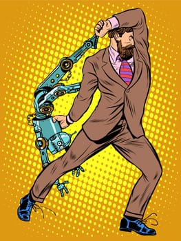 Cyclops businessman against a robot pop art retro style. Human vs artificial intelligence