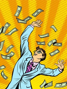 Businessman Finance money fall pop art retro style. Financial success business concept. The wealth and charity