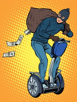 Tech stealing money pop art retro style. The thief leaves the bag of money in the electric chair.Cyber fraud. Crime
