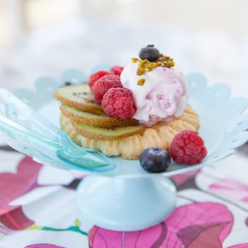 Dessert with a scoop of ice cream and fruse