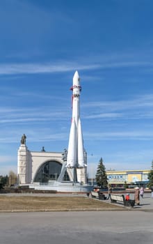Moscow, Russia - March 29, 2016: Model Rocket Gagarin near the pavilion "Space"" at The Exhibition of Achievements of National Economy (VDNH). Side view"