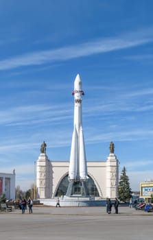 Moscow, Russia - March 29, 2016: Model Rocket Gagarin near the pavilion "Space"" at The Exhibition of Achievements of National Economy (VDNH). Front view"