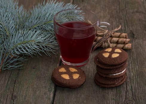 beautiful still life fir-tree branch and drink