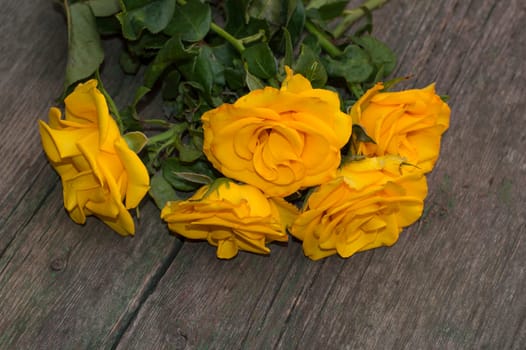 bouquet of yellow roses on a wooden table