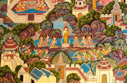 Ancient Buddhist temple mural painting of the life of Buddha in Nonthaburi, Thailand