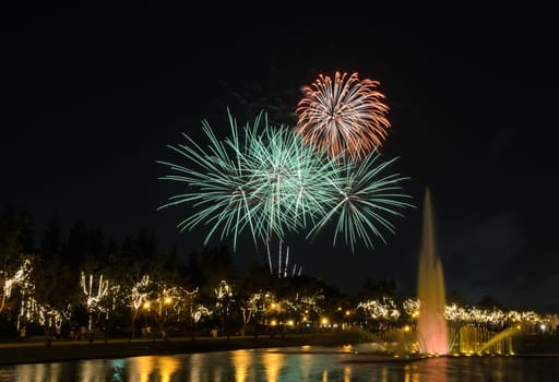 Beautiful night view of fireworks in the park with illuminated fountain