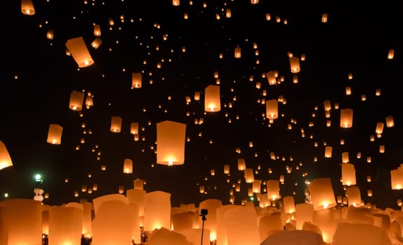 Floating lanterns ceremony or Yeepeng ceremony, traditional Lanna Buddhist ceremony in Chiang Mai, Thailand