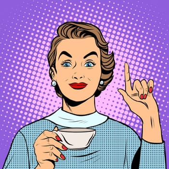Girl with a Cup of tea or coffee pop art retro style. Hot drinks. Breakfast business woman