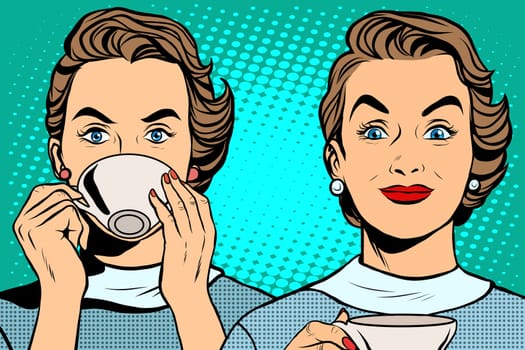 Girl with a Cup of tea or coffee pop art retro style. Hot drinks. Breakfast business woman