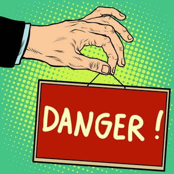 Hand sign danger pop art retro style. Lettering plate name text input.