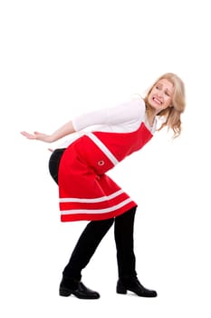 blond woman wearing red apron on white isolated background