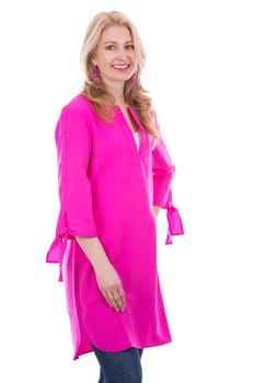 blond woman wearing pink top on white background