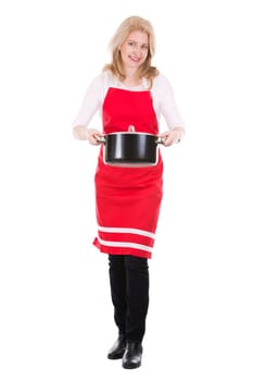 blond woman wearing red apron on white isolated background