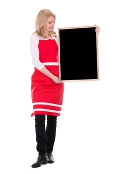 blond woman wearing red apron on white isolated background