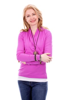 blond woman wearing pink top on white background