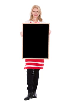 blond woman wearing red apron on white isolated background