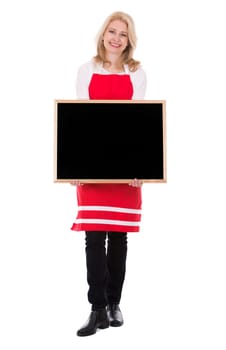 blond woman wearing red apron on white isolated background